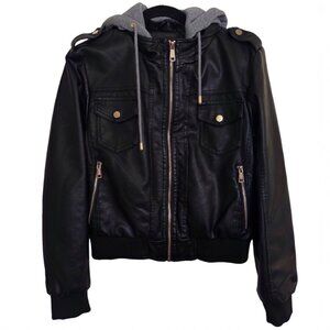 NEW Wantdo Black & Gray Faux Leather Bomber Moto Jacket w/ Removable Hood Size S